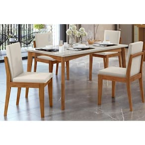 Conjunto: Mesa Sala Jantar Monalisa c/ Tampo Madeirado c/ Vidro 160cm e 4 Cadeiras Lady Natural - Nesher