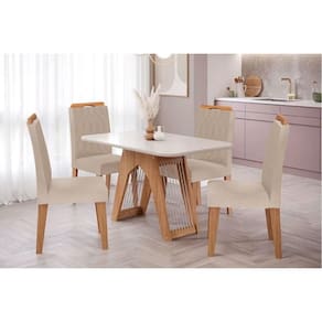 Conjunto: Mesa Sala Jantar Carol Tampo Madeirado c/ Vidro 130x80cm e 4 Cadeiras Paola Savana/Nature-Suede Nude Bege - Cimol