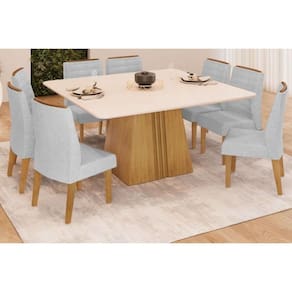 Conjunto: Mesa Sala Jantar Itália Tampo Madeirado c/ Vidro Curvo 136x136cm e 8 Cadeiras Ondina Cedro/Off White - Linho Neve - DJ Móveis