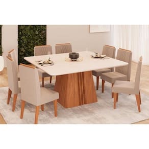 Conjunto: Mesa Sala Jantar Itália Tampo Madeirado c/ Vidro Curvo 136x136cm e 8 Cadeiras Lia Freijo/Off White - Suede Kraft - DJ Móveis