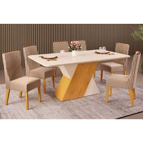 Conjunto: Mesa Sala Jantar Rubi Tampo Madeirado c/ Vidro Curvo 170x90cm e 6 Cadeiras Jade Cedro/Off White/Off White - Suede Kraft - DJ Móveis