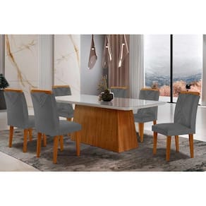 Conjunto: Mesa Sala Jantar Luna Tampo Madeirado c/ Vidro Canto Curvo 180x90 e 6 Cadeiras Amsterdã Capuccino/Suede Grafite - Rufato