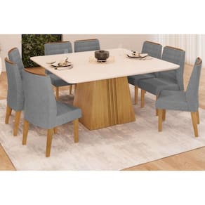 Conjunto: Mesa Sala Jantar Itália Tampo Madeirado c/ Vidro Curvo 136x136cm e 8 Cadeiras Ondina Cedro/Off White - Suede Lunar - DJ Móveis