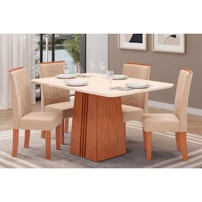Conjunto: Mesa Sala Jantar Italia Tampo Madeirado c/ Vidro Curvo 170x90cm e 4 Cadeiras Zoe Freijo/Off White - Suede Creme - DJ Móveis