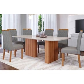 Conjunto: Mesa Sala Jantar Ester c/ Tampo Madeirado c/ Vidro 180x90cm e 6 Cadeiras Paola Nature-Madeirado/Linho Grafite - Cimol