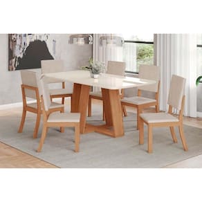 Conjunto: Mesa Sala Jantar Lins c/ Tampo Madeirado c/ Vidro Curvo 180x90cm e 6 Cadeiras Milla Nature/Linho - Henn