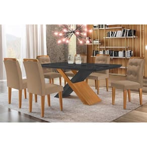 Conjunto: Mesa Sala Jantar Imperatriz Tampo Madeirado c/ Vidro Curvo 180x90 e 6 Cadeiras Imperatriz Imbuia/Grafite - Suede Capuccino - Rufato