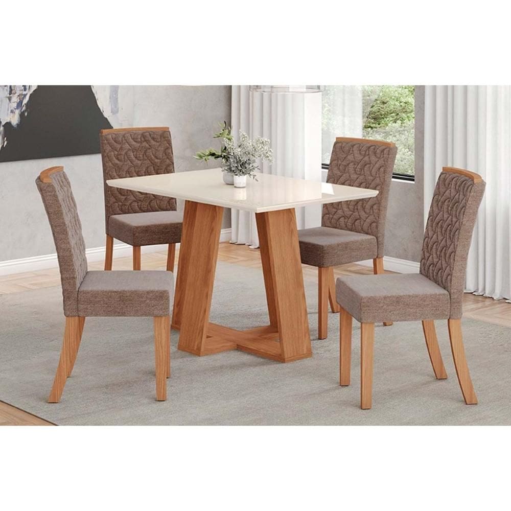Conjunto: Mesa Sala Jantar Lins c/ Tampo Reto Madeirado c/ Vidro 120x80cm e 4 Cadeiras Esther Nature/Linho Cacao - Henn