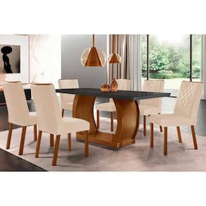 Conjunto: Mesa Sala Jantar Jade c/ Tampo Madeirado c/ Vidro Canto Curvo 180x90cm e 6 Cadeiras Jade Imbuia/Grafite - Suede Creme - Rufato