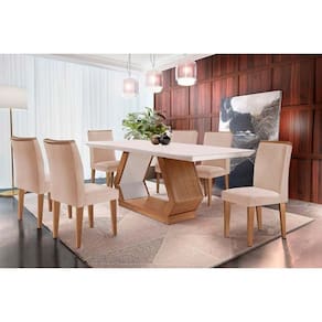 Conjunto: Mesa Sala Jantar Alvorada c/ Tampo Madeirado Canto Reto 180x90cm e 6 Cadeiras Amsterdã Imbuia/Off White - Suede Creme - Rufato