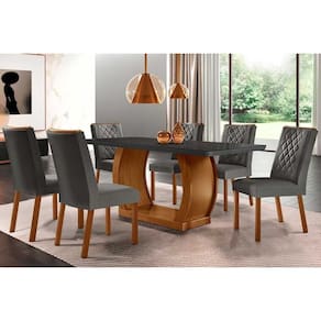 Conjunto: Mesa Sala Jantar Jade c/ Tampo Madeirado c/ Vidro Canto Curvo 180x90cm e 6 Cadeiras Jade Imbuia/Grafite - Linho Grafite - Rufato