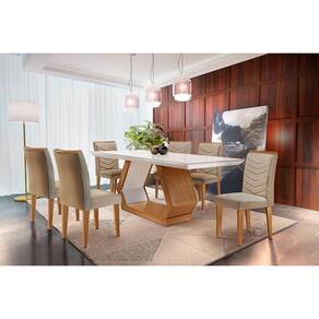 Conjunto: Mesa Sala Jantar Alvorada Tampo Madeirado c/ Vidro Canto Reto 180x90cm e 6 Cadeiras Londrina Imbuia/Off White - Suede Capuccino - Rufato