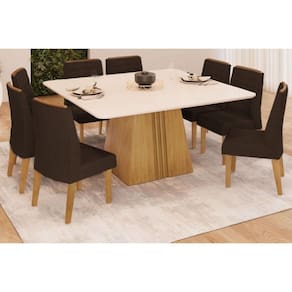 Conjunto: Mesa Sala Jantar Itália Tampo Madeirado c/ Vidro Curvo 136x136cm e 8 Cadeiras Ondina Cedro/Off White - Suede Moca - DJ Móveis