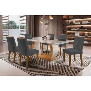 Conjunto: Mesa Sala Jantar Jade Tampo Madeirado c/ Vidro Reto 180x90 e 6 Cadeiras Jade Capuccino/Suede Grafite - Rufato