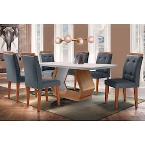 Conjunto: Mesa Sala Jantar Alvorada c/ Tampo Madeirado Canto Reto 180x90cm e 6 Cadeiras Imperatriz Imbuia/Off White - Suede Grafite - Rufato