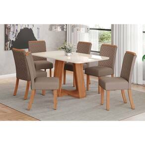 Conjunto: Mesa Sala Jantar Lins c/ Tampo Madeirado c/ Vidro Curvo 160x90cm e 6 Cadeiras Malu Nature/Suede Light Marrom Amendoa - Henn