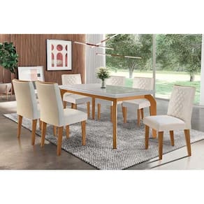 Conjunto: Mesa Sala Jantar Londrina c/ Tampo Madeirado c/ Vidro Canto Curvo 180x90cm e 6 cadeiras Jade Imbuia/Off White - Suede Creme - Rufato