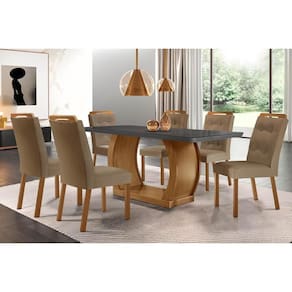 Conjunto: Mesa Sala Jantar Jade Tampo Madeirado c/ Vidro Canto Curvo 180x90 e 6 Cadeiras Imperatriz Imbuia/Grafite - Suede Capuccino - Rufato