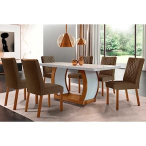 Conjunto: Mesa Sala Jantar Jade Tampo Madeirado c/ Vidro Canto Curvo 180x90 e 6 Cadeiras Jade Imbuia/Off White - Suede Marrom - Rufato