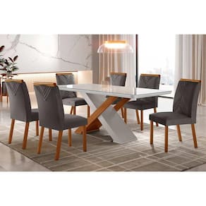 Conjunto: Mesa Sala Jantar Imperatriz Tampo Madeirado c/ Vidro Curvo 180x90 e 6 Cadeiras Amsterdã Capuccino/Suede Grafite - Rufato