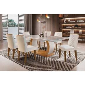 Conjunto: Mesa Sala Jantar Jade Tampo Madeirado c/ Vidro Reto 180x90 e 6 Cadeiras Jade Imbuia/Suede Creme - Rufato