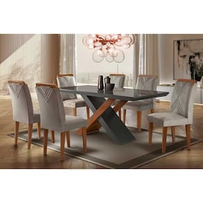Conjunto: Mesa Sala Jantar Imperatriz Tampo Madeirado c/ Vidro Reto 180x90 e 6 Cadeiras Amsterdã Imbuia/Grafite - Suede Creme - Rufato