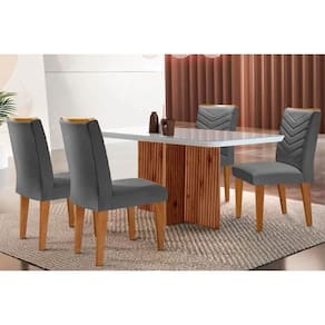 Conjunto: Mesa Sala Jantar Berlim c/ Tampo Madeirado c/ Vidro Canto Curvo 120x80cm e 4 Cadeiras Londrina Imbuia/Off White - Suede Grafite - Rufato