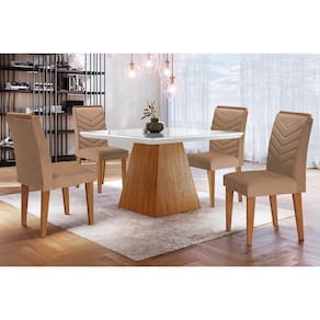 Conjunto: Mesa Sala Jantar Luna c/ Tampo Madeirado c/ Vidro Canto Curvo 90x90cm e 4 cadeiras Londrina Imbuia/Off White - Suede Capuccino - Rufato