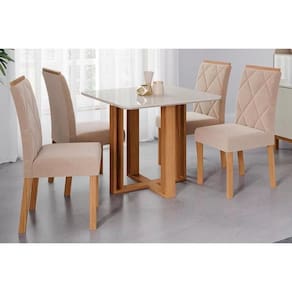 Conjunto: Mesa Sala Jantar Flora c/ Tampo Madeirado c/ Vidro 95x95cm e 4 Cadeiras Fernanda Savana-Madeirado/Suede Nude Bege - Cimol