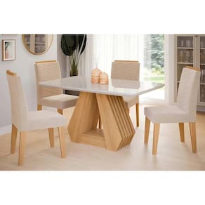 Conjunto: Mesa Sala Jantar Ágata Tampo Madeirado c/ Vidro 130x80cm e 4 Cadeiras Clarice Savana-Nature-Madeirado/Suede Nude Bege - Cimol