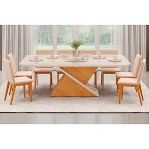 Conjunto: Mesa Sala Jantar Zafira Tampo Madeirado c/ Vidro Curvo 200x100cm e 8 Cadeiras Sofia Cedro/Off White - Ipe/Suede Creme - DJ Móveis