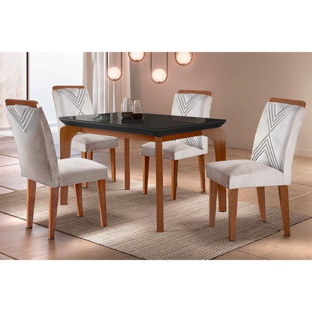 Conjunto: Mesa Sala Jantar Londrina c/ Tampo Madeirado c/ Vidro Canto Reto 120x80cm e 4 cadeiras Amsterdã Imbuia/Grafite - Suede Creme - Rufato