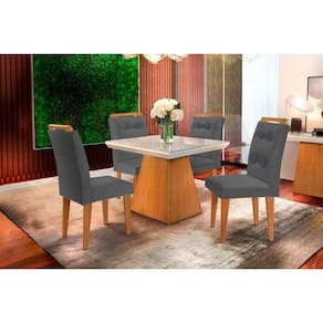 Conjunto: Mesa Sala Jantar Luna c/ Tampo Madeirado c/ Vidro Canto Curvo 90x90cm e 4 cadeiras Imperatriz Imbuia/Off White - Suede Grafite - Rufato