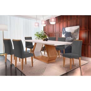 Kit 6 Cadeiras Sala Jantar Alvorada c/ Tampo Madeirado Canto Reto 180x90cm e 6 Cadeiras Amsterdã Imbuia/Off White - Suede Grafite - Rufato
