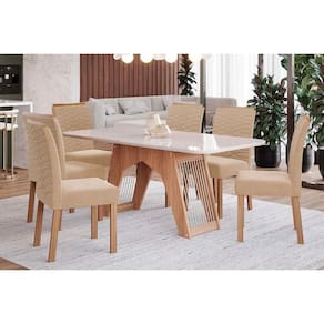 Conjunto: Mesa Sala Jantar Carol Tampo Madeirado c/ Vidro 180x90cm e 6 Cadeiras Clarice Madeirado/ Linho Bege - Cimol