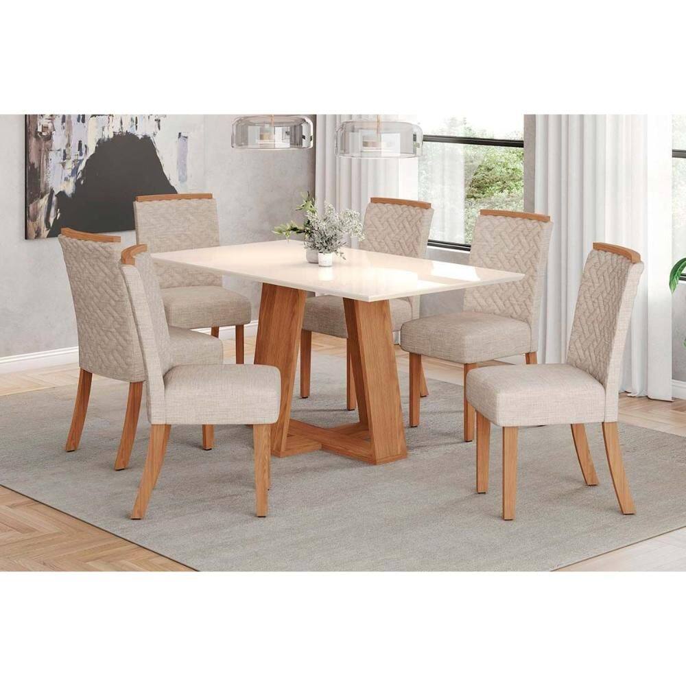 Conjunto: Mesa Sala Jantar Lins c/ Tampo Madeirado Reto 160x90cm e 6 Cadeiras Malu Nature/Linho - Henn