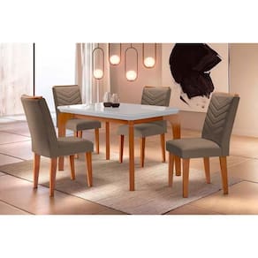 Conjunto: Mesa Sala Jantar Londrina Tampo Madeirado c/ Vidro Curvo 120x80cm e 4 Cadeiras Londrina Imbuia/Suede Capuccino - Rufato