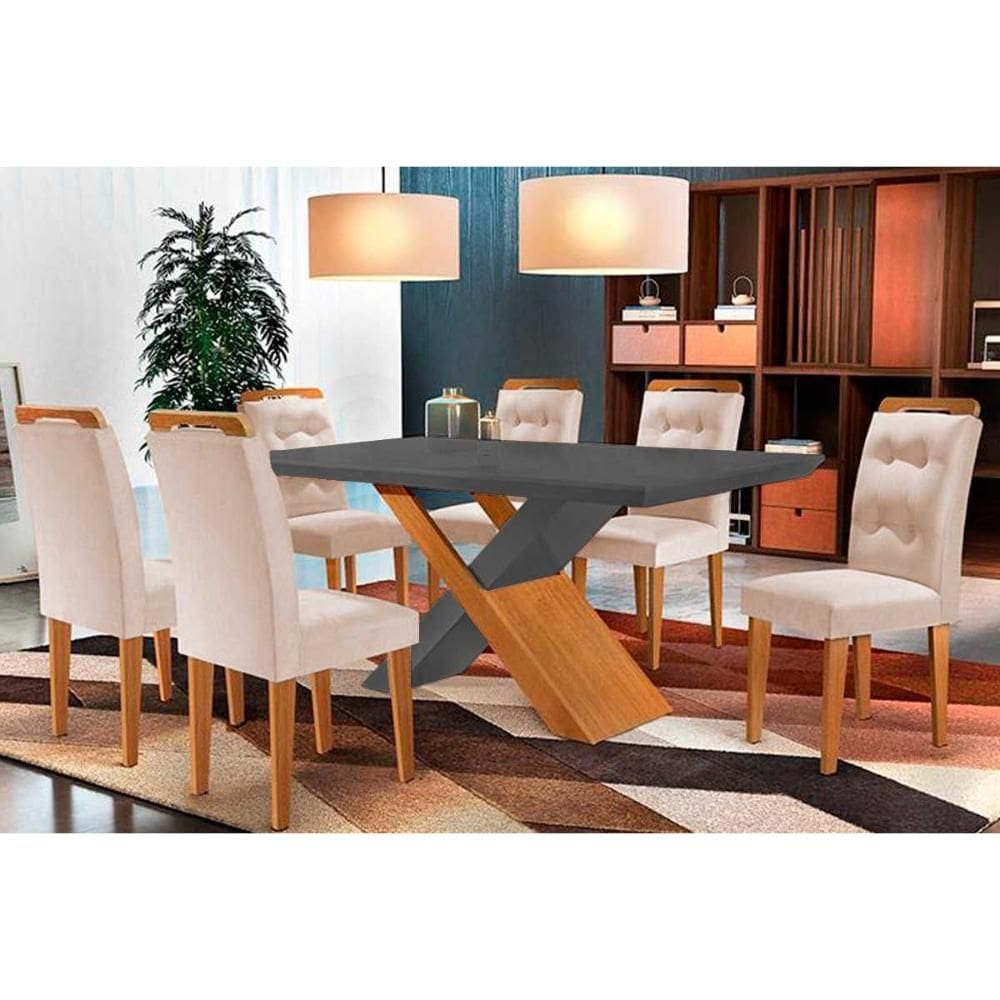 Conjunto: Mesa Sala Jantar Imperatriz Tampo Madeirado c/ Vidro Curvo 180x90 e 6 Cadeiras Imperatriz Imbuia/Suede Creme - Rufato