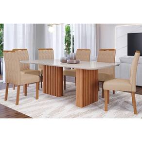 Conjunto: Mesa Sala Jantar Ester c/ Tampo Madeirado c/ Vidro 180x90cm e 6 Cadeiras Paola Nature/Suede Nude Bege - Cimol