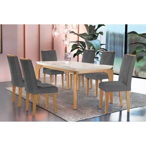 Conjunto: Mesa Sala Jantar Londrina c/ Tampo Madeirado c/ Vidro Canto Reto 180x90cm e 6 cadeiras Amsterdã Capuccino/Suede Grafite - Rufato