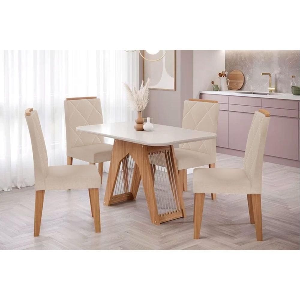 Conjunto: Mesa Sala Jantar Carol Tampo Madeirado c/ Vidro 130x80cm e 4 Cadeiras Fernanda Savana-Madeirado/Suede Nude Bege - Cimol