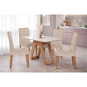 Conjunto: Mesa Sala Jantar Carol Tampo Madeirado c/ Vidro 130x80cm e 4 Cadeiras Fernanda Savana-Madeirado/Suede Nude Bege - Cimol