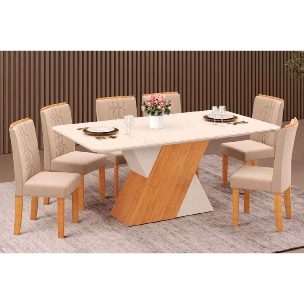 Conjunto: Mesa Sala Jantar Rubi Tampo Madeirado c/ Vidro Curvo 170x90cm e 6 Cadeiras Zoe Cedro/Off White/Off White - Suede Creme - DJ Móveis