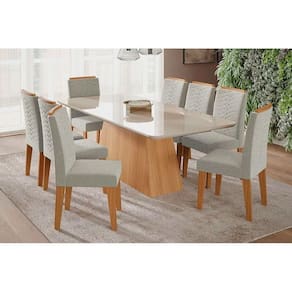 Conjunto: Mesa Sala Jantar Helena c/ Tampo Madeirado c/ Vidro 210x100 cm e 8 Cadeiras Clarice Madeirado/ Linho Bege - Cimol