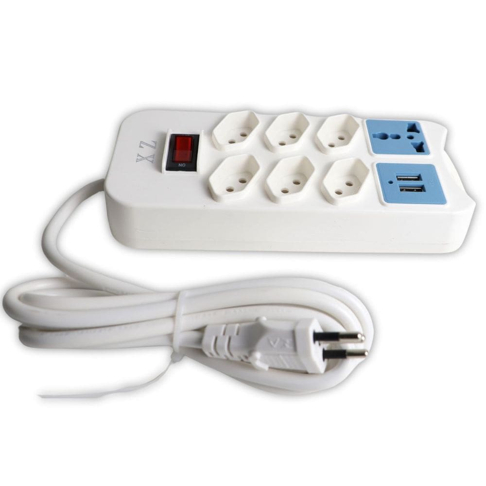 Filtro de Linha 7 Tomadas 10A uma sendo Tomada Universal, 2 Portas USB, Botão/Interruptor Liga /Desliga com 2 Metros na Cor Branca - NBR 14136