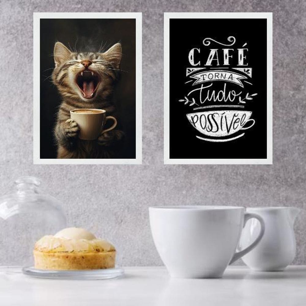 Kit 2 Quadros Café Torna Tudo Possível - Gatinho 24X18Cm