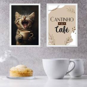 Kit 2 Quadros Cantinho Do Café - Gatinho 33X24Cm - Com Vidro