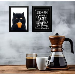 Kit 2 Quadros Café - Gato Mal Humorado 33X24Cm - Com Vidro