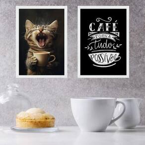 Kit 2 Quadros Café Torna Tudo Possível Gatinho 45X34Cm Vidro