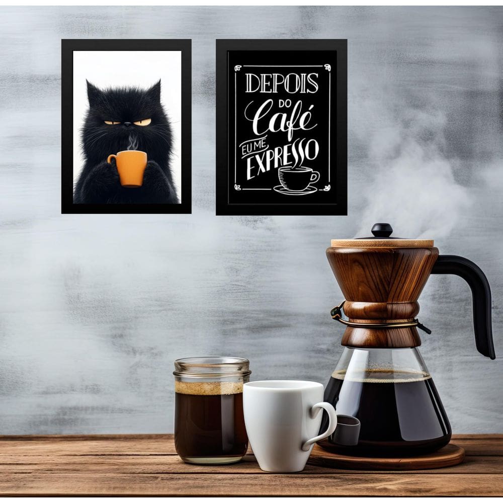 Kit 2 Quadros Café - Gato Mal Humorado 24X18Cm - Com Vidro